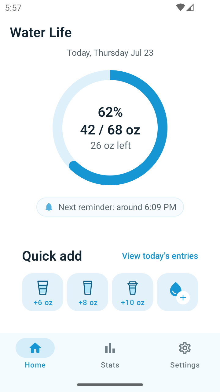Water Reminder app home screen showing daily water progress, quick add buttons, and the next reminder.